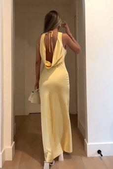 Yellow Satin Sheath Halter Backless Maxi Wedding Guest Dress