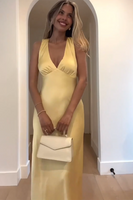 Load image into Gallery viewer, Yellow Satin Sheath Halter Backless Maxi Wedding Guest Dress