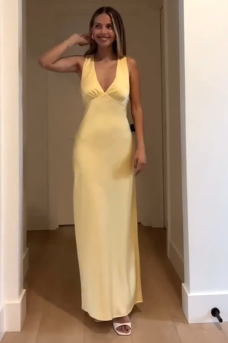 Yellow Satin Sheath Halter Backless Maxi Wedding Guest Dress