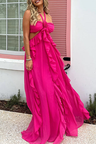 Fuchsia Cut Out Halter A Line Long Prom Dress with Ruffles