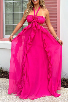 Fuchsia Cut Out Halter A Line Long Prom Dress with Ruffles