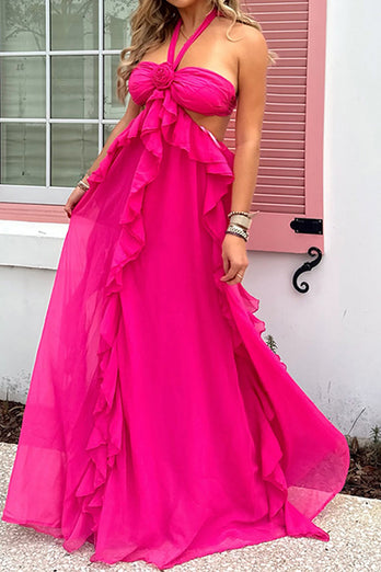 Fuchsia Cut Out Halter A Line Long Prom Dress with Ruffles