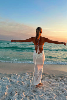 Simple White Halter Sheath Backless Boho Long Prom Dress