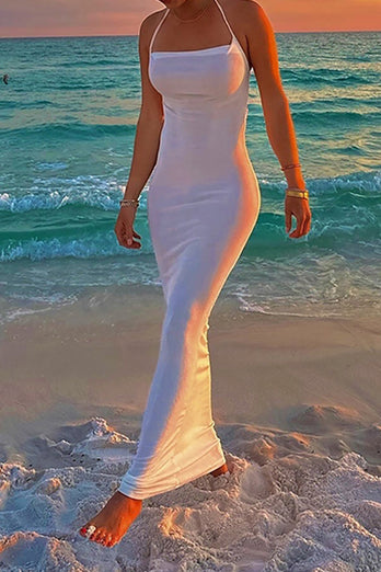 Simple White Halter Sheath Backless Boho Long Prom Dress