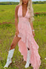 Load image into Gallery viewer, Pink A Line Chiffon V-Neck High-Low Graduation Dress with Ruffles