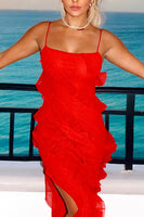 Load image into Gallery viewer, Red Chiffon Sheath Ruffled Long Prom Dress with Slit