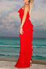 Load image into Gallery viewer, Red Chiffon Sheath Ruffled Long Prom Dress with Slit