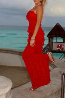 Load image into Gallery viewer, Red Chiffon Sheath Ruffled Long Prom Dress with Slit