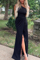 Load image into Gallery viewer, Black Mermaid One Shoulder Ruched Long Formal Dress with Slit