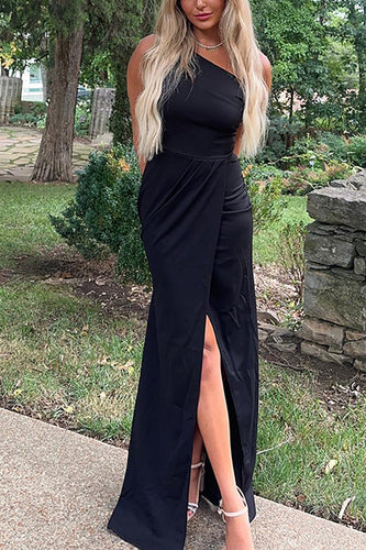 Black Mermaid One Shoulder Ruched Long Formal Dress with Slit