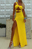 Load image into Gallery viewer, Yellow Sheath One Shoulder Cut Out Long Prom with Slit
