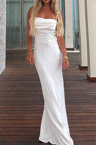 Simple White Sheath Strapless Long Rehearsal Dinner Dress