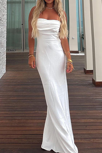 Simple White Sheath Strapless Long Rehearsal Dinner Dress