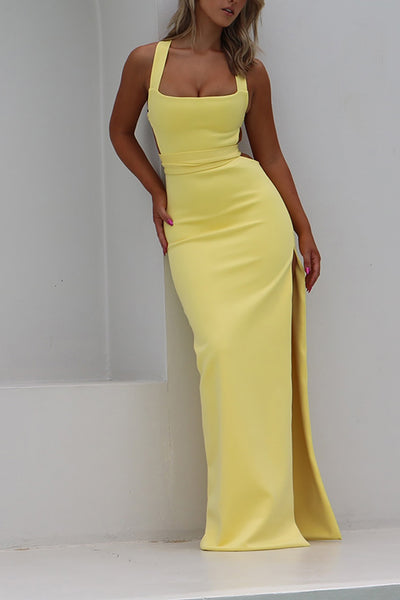 Yellow Sheath Square Neck Long Formal Dress with Slit