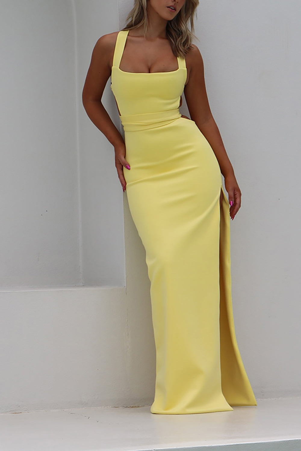 Yellow Sheath Square Neck Long Formal Dress with Slit