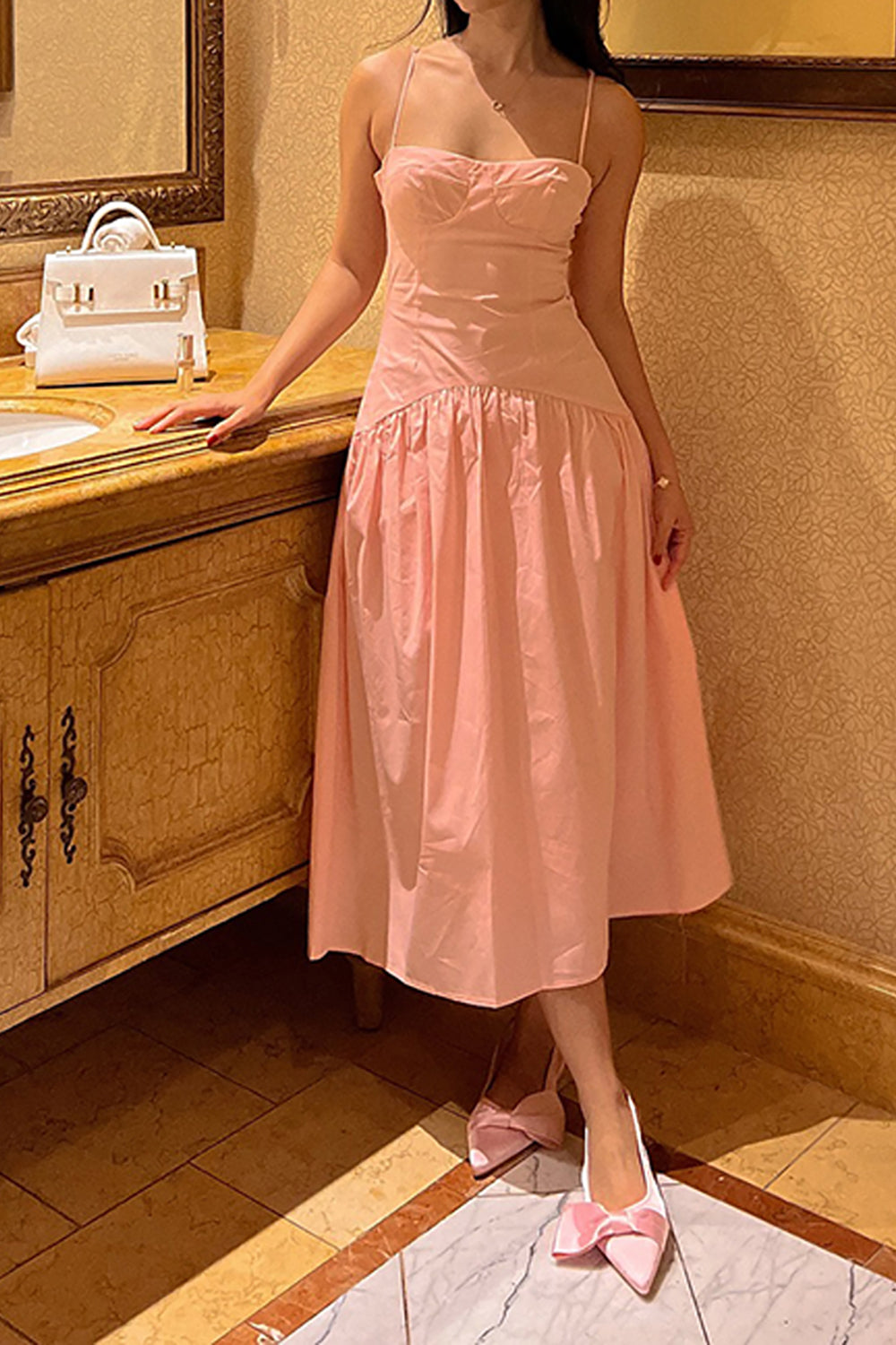 Pink A Line Spaghetti Straps Long Wedding Guest Dress