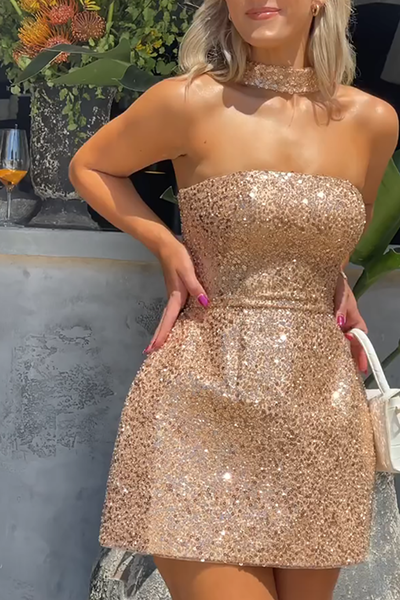 Sparkly Gold A Line Sequins Mini Dress