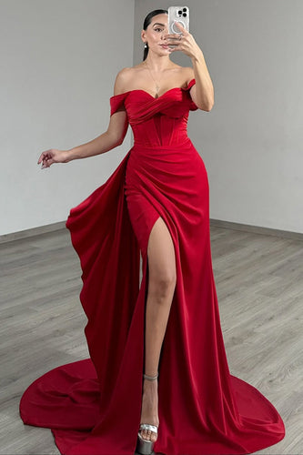Red Satin Ruched Off the Shoulder Long Corset Prom Dress with Side Cape