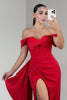 Load image into Gallery viewer, Red Satin Ruched Off the Shoulder Long Corset Prom Dress with Side Cape