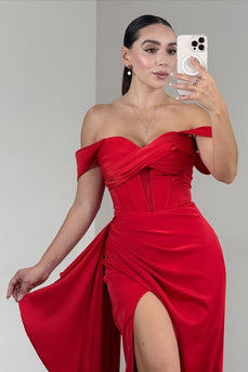 Red Satin Ruched Off the Shoulder Long Corset Prom Dress with Side Cape