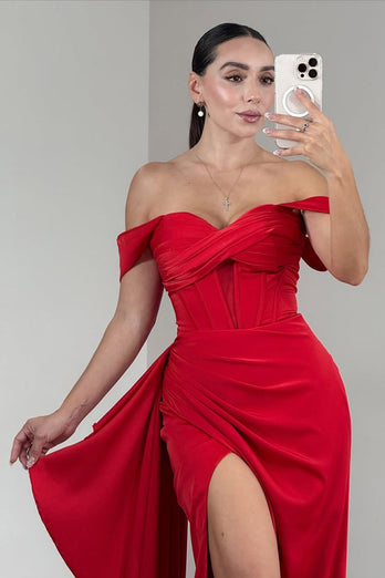 Red Satin Ruched Off the Shoulder Long Corset Prom Dress with Side Cape