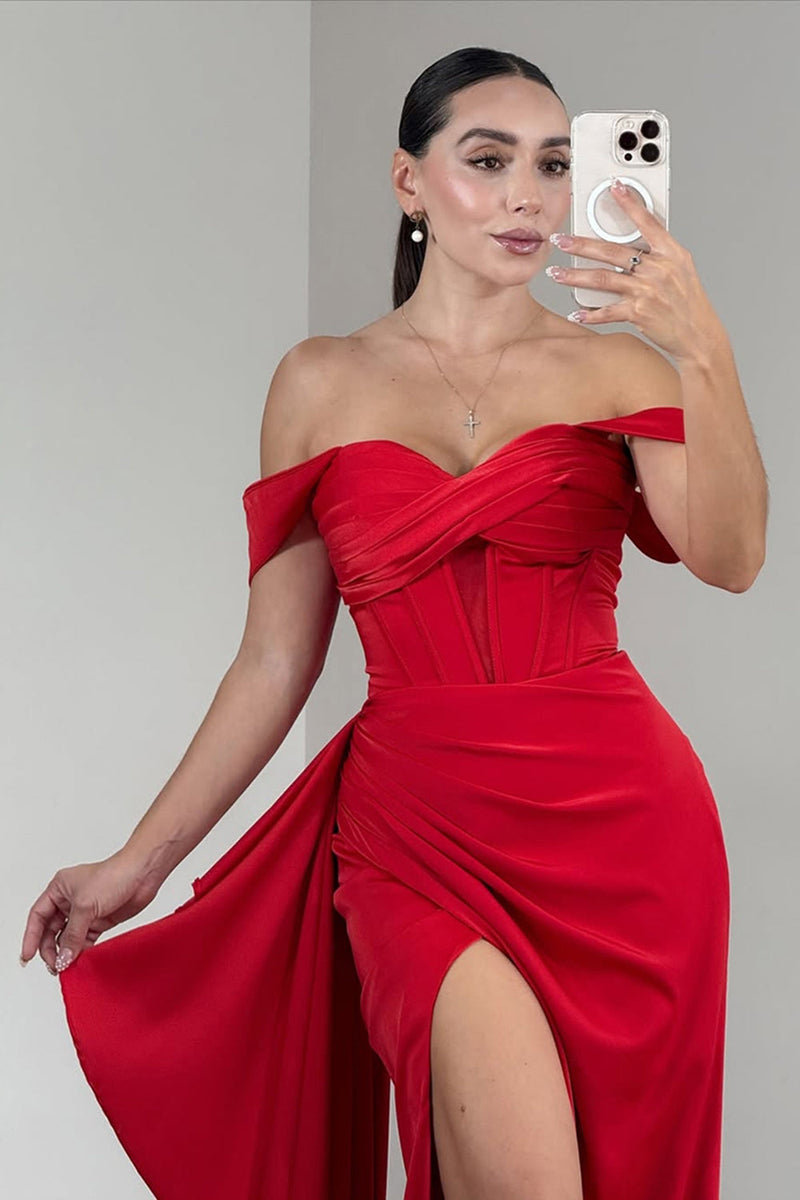 Load image into Gallery viewer, Red Satin Ruched Off the Shoulder Long Corset Prom Dress with Side Cape