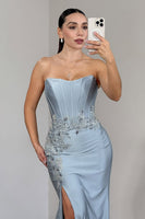 Load image into Gallery viewer, Sparkly Grey Blue Satin Mermaid Appliqued Long Corset Prom Dress with Slit