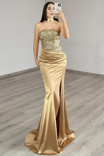 Sparkly Golden Satin Strapless Mermaid Long Prom Dress with Sequin
