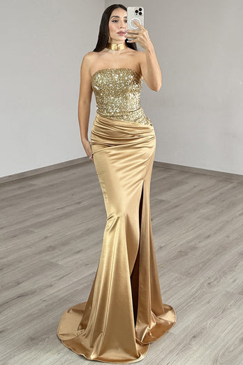 Sparkly Golden Satin Strapless Mermaid Long Prom Dress with Sequin
