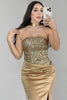 Load image into Gallery viewer, Sparkly Golden Satin Strapless Mermaid Long Prom Dress with Sequin