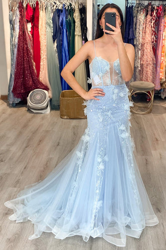 Blue Tulle Mermaid Long Corset Prom Dress with Appliques