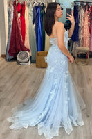 Load image into Gallery viewer, Blue Tulle Mermaid Long Corset Prom Dress with Appliques