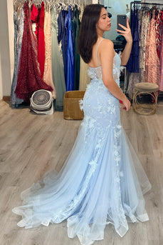Blue Tulle Mermaid Long Corset Prom Dress with Appliques