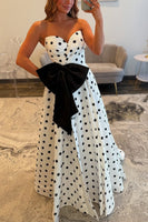 Load image into Gallery viewer, Fuchsia Polka Dots A Line Sweetheart Long Prom Dress with Bow