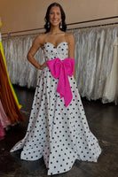 Load image into Gallery viewer, Fuchsia Polka Dots A Line Sweetheart Long Prom Dress with Bow