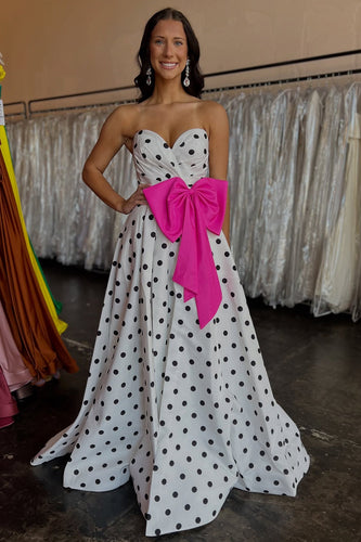 Fuchsia Polka Dots A Line Sweetheart Long Prom Dress with Bow