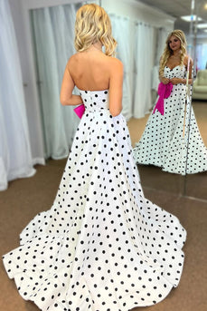 Fuchsia Polka Dots A Line Sweetheart Long Prom Dress with Bow