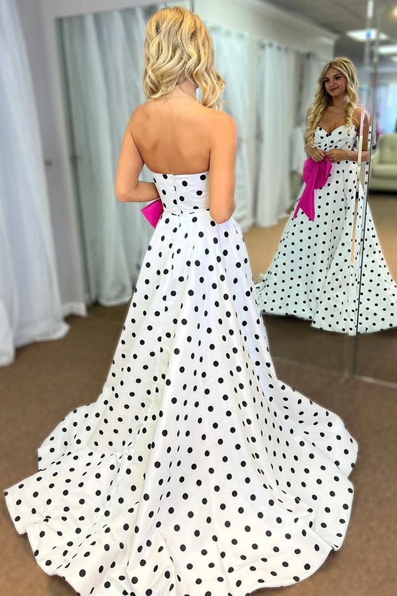 Load image into Gallery viewer, Fuchsia Polka Dots A Line Sweetheart Long Prom Dress with Bow