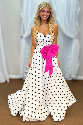 Fuchsia Polka Dots A Line Sweetheart Long Prom Dress with Bow