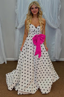 Load image into Gallery viewer, Fuchsia Polka Dots A Line Sweetheart Long Prom Dress with Bow