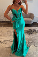 Load image into Gallery viewer, Sparkly Green Mermaid Satin Beaded Long Corset Prom Dress with Bow