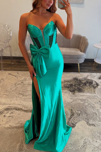 Sparkly Green Mermaid Satin Beaded Long Corset Prom Dress with Bow