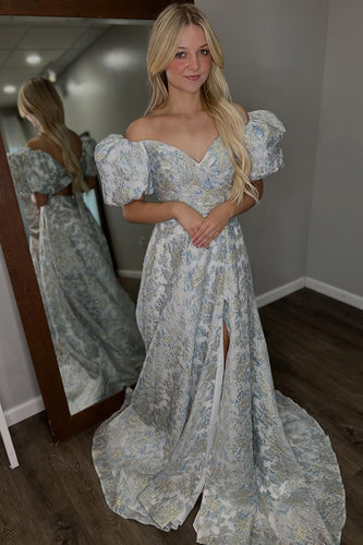 Floral Grey Blue A Line Off the Shoulder Long Prom Dress with Sleeves