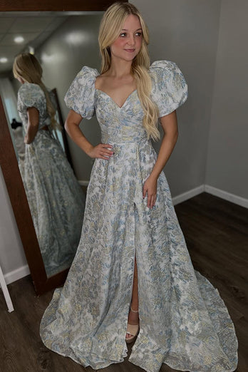 Floral Grey Blue A Line Off the Shoulder Long Prom Dress with Sleeves