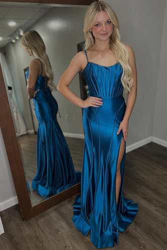 Dark Blue Satin Mermaid Spaghetti Straps Long Corset Prom Dress with Slit