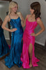 Load image into Gallery viewer, Dark Blue Satin Mermaid Spaghetti Straps Long Corset Prom Dress with Slit