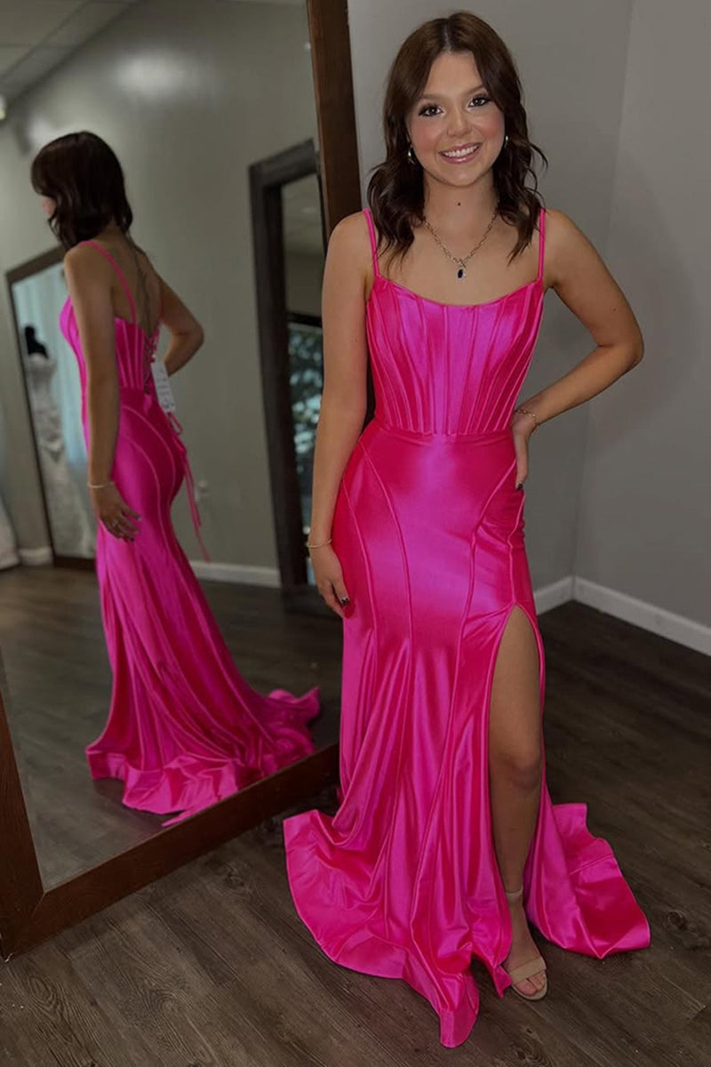 Load image into Gallery viewer, Dark Blue Satin Mermaid Spaghetti Straps Long Corset Prom Dress with Slit