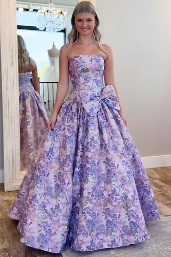 Floral Purple A Line Strapless Long Prom Dress with Bow