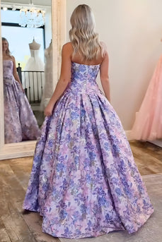 Floral Purple A Line Strapless Long Prom Dress with Bow