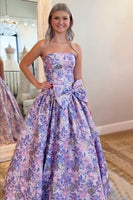 Load image into Gallery viewer, Floral Purple A Line Strapless Long Prom Dress with Bow